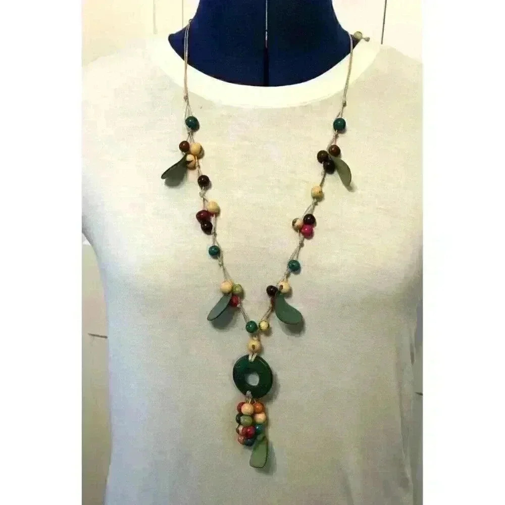 Vintage Long Shell and Wooden Bead Necklace Bohemian Boho Statement Hippie Style